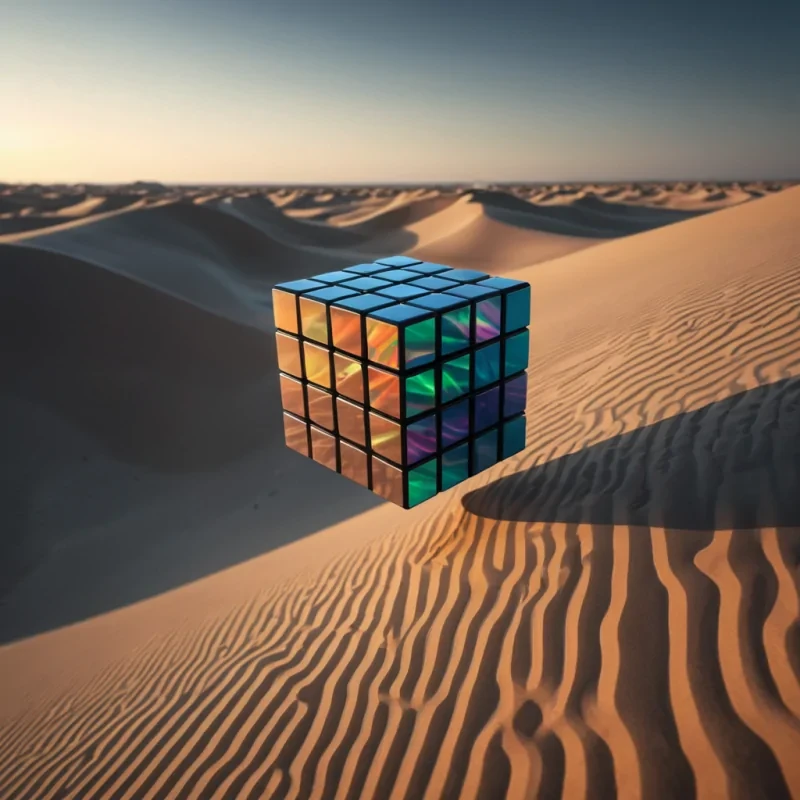 Photorealistic, 4K portrait of a sentient, levitating, neonlit holographic Rubiks cube, its ethereal form pulsating with intricate, bioluminescent fractal patterns, set against a surreal, monochromatic landscape of undulating, shadowy dunes, with volumetric lighting casting dramatic shadows and emphasizing the cubes dynamic, fluid movements, and a subtle, cool bokeh effect creating a sense of isolation and mystery.