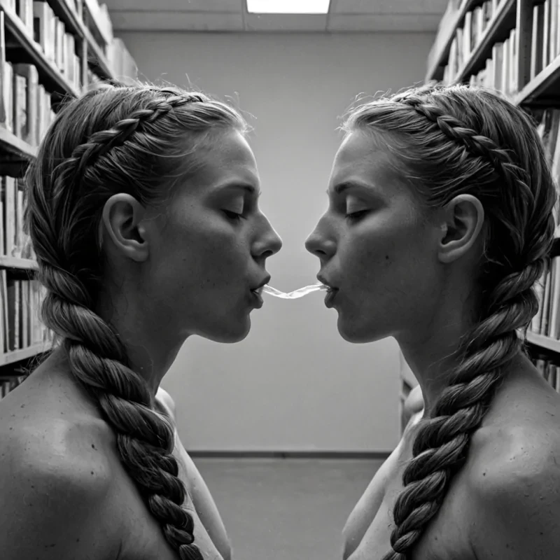 A single, selfpropagating filament of solidified resonance, shaped like a nonEuclidean braid of inverted time and unformed sound, drifts through the center of a vast, inverted archive of unrecorded breaths, each shelf a fossilized inhalation from a civilization that communicated through the duration of synchronized, silent exhaling of the same unbreathed word. The filament does not vibrateit unbreathes, each twist dissolving a layer of vocal potential that never coalesced into a shared utterance, reforming into ephemeral, topazveined afterimages shaped like the negative space between two lips that never parted in unison during the same moment of mutual silence. The archive is not linguisticit