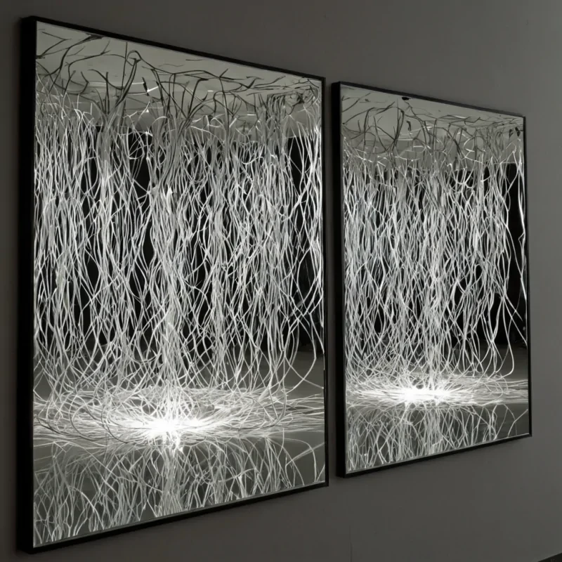 A single, selfigniting filament of compressed static electricity unravels across the surface of a vast, still mirror made entirely of shattered, unspoken truths from a civilization that communicated through the texture of unreflected light. The filament does not burnit unfolds into a slow, spiraling cascade of refracted silence, each pulse forming a geometric lattice shaped like the negative space between two mirrors that never faced each other in the same room, its edges crackling with the faint, electromagnetic afterimage of a gaze that never returned. The mirror is not glassit is a layered expanse of solidified reflection from a thousand unobserved moments, each fracture etched with the emotional residue of a face that was never seen in