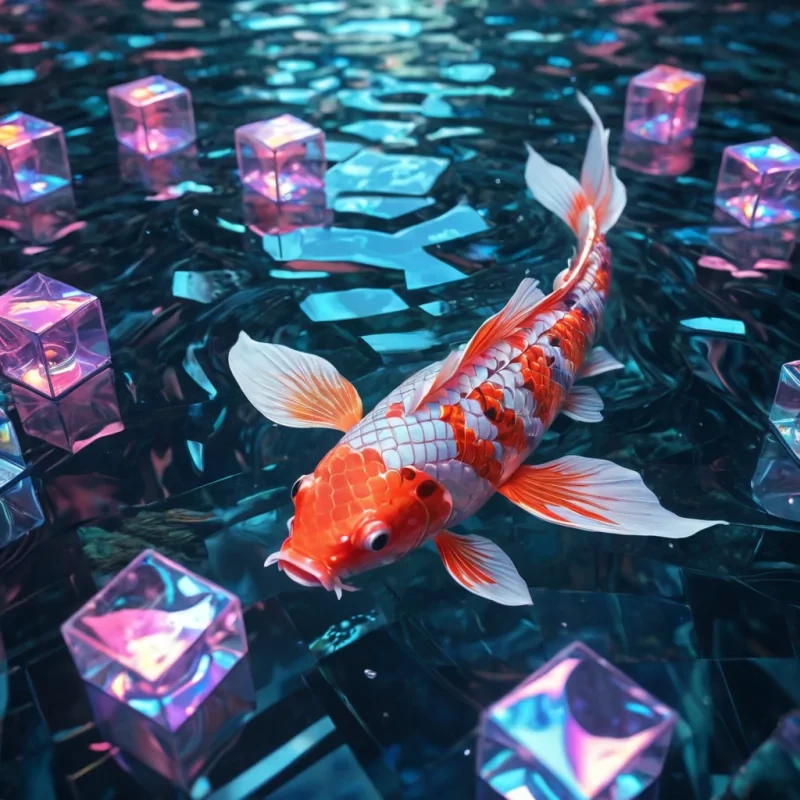 Hyperrealistic neon koi fish with iridescent scales, gracefully swimming through a floating, geometric maze of reflective, swirling pastel cubes, dynamic lighting with volumetric beams, soft focus on its graceful, luminescent body, vibrant colors, 4K resolution, lens flare dancing around its ethereal form in a surreal, futuristic underwater gallery.