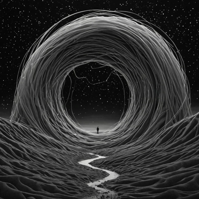 A single, selfrewinding filament of reversed dreams, shaped like a 421dimensional helix of unformed sleep and inverted subconscious, pulses at the center of a vast, inverted dreamscape of solidified wakefulnesseach landscape carved from the exact moment between a thought forming and its refusal to be imagined, a memory surfacing and dissolving into nonsentient stillness, a vision unfolding and collapsing into pure, unobserved clarity. The filament does not dreamit undreams, each trembling strand shedding a layer of psychic potential that never coalesced into a shared night, reforming into ephemeral, indigothreaded afterimages shaped like the negative space between two eyes that never closed in surrender to the dark