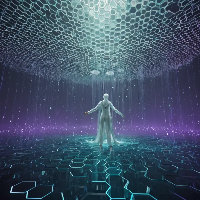 A hyperrealistic, eyelevel wide shot of a vast, suspended archive constructed entirely from thousands of translucent, hexagonal honeycomb cells made of frosted acrylic, floating in a void of deep indigo mist. Each cell contains a single, suspended droplet of liquid memory in varying hues of bioluminescent teal, violet, and amber, refracting light from a central, invisible source. In the foreground, a slender figure wearing a sleek, white exoskeleton suit with flowing, sheer fabric trails reaches out to touch one of the cells, causing the droplet inside to ripple and project a holographic image of a ancient, floating city into the mist. The composition is defined by sharp geometric lines, soft volumetric lighting, and a