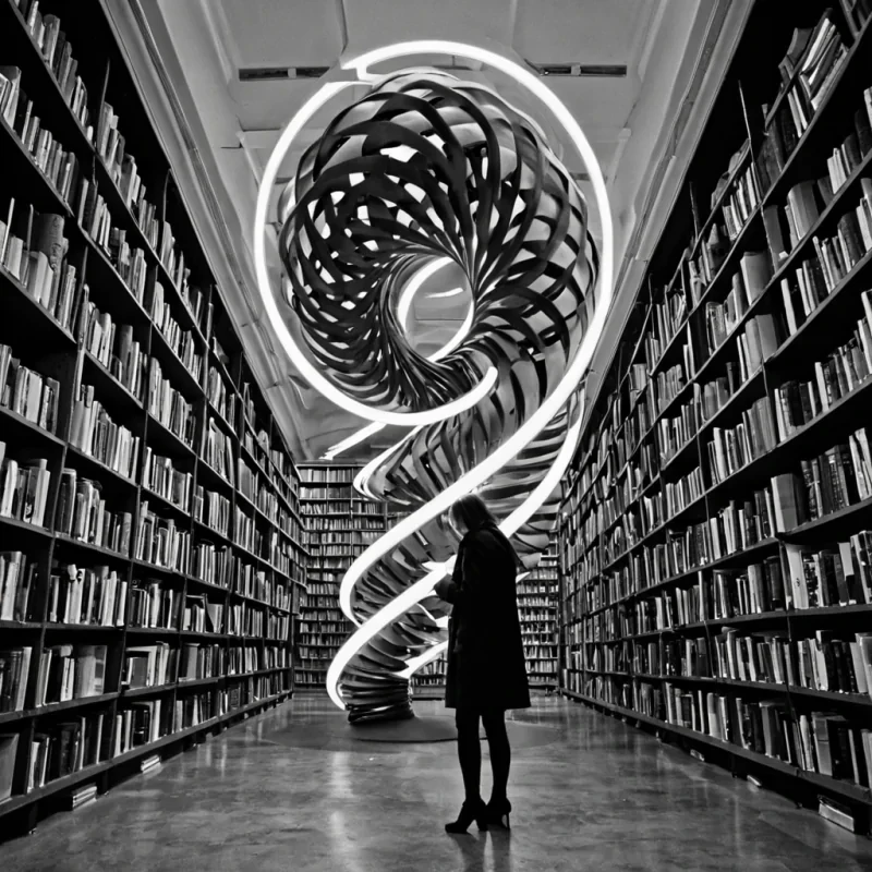 A single, selfilluminating filament of solidified silence, shaped like a spiraling, nonreflective helix of reversed resonance, pulses at the center of a vast, suspended library where the books are not bound in leather or paper, but in the compressed, unspoken words of a civilization that communicated through the duration of mutual breathholding. The filament does not glowit unwhispers, each twist dissolving a layer of language that never coalesced, reforming into ephemeral, monochrome pages shaped like the negative space between two lips that never formed the same syllable in the same moment of shared hesitation. The library is not literaryit is a layered expanse of petrified intention, each shelf etched