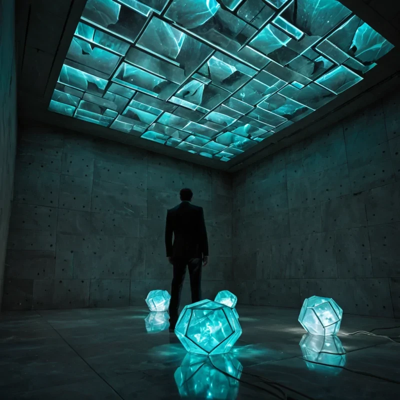 A horizontal, lowangle wide shot of a vast, subterranean atrium carved from polished, translucent alabaster, where the ceiling is a sprawling canopy of bioluminescent fungal structures emitting a soft, ethereal cyan glow. Suspended from the ceiling by delicate, silkthin cables are hundreds of geometric, hollow dodecahedrons made of frosted glass, each containing a single, slowly rotating crystal shard that refracts the ambient light into prismatic rainbows across the smooth, mirrorlike floor of liquid obsidian. In the foreground, a figure wearing a structured, minimalist suit woven from matte charcoal fiber and accented with subtle, glowing circuitry traces stands still, observing the falling light shards that hover just above the reflective