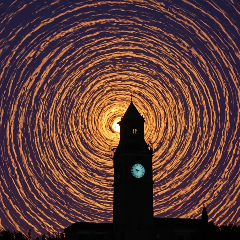 A single, selfigniting filament of solidified twilight, shaped like a spiraling, nonchronological coil of reversed photonic decay, pulses at the center of a vast, inverted clocktower suspended in the atmospheric limbo between two unaligned sunsets. The filament does not burnit unburns, each twist unraveling a layer of warmth that never coalesced into dusk, reforming into ephemeral, violettinged embers shaped like the negative space between two shadows that never overlapped in the same moment of mutual fading. The clocktower is not temporalit is a layered expanse of petrified transition, each gear etched with the chromatic residue of a moment that was almost remembered, its face shimmer
