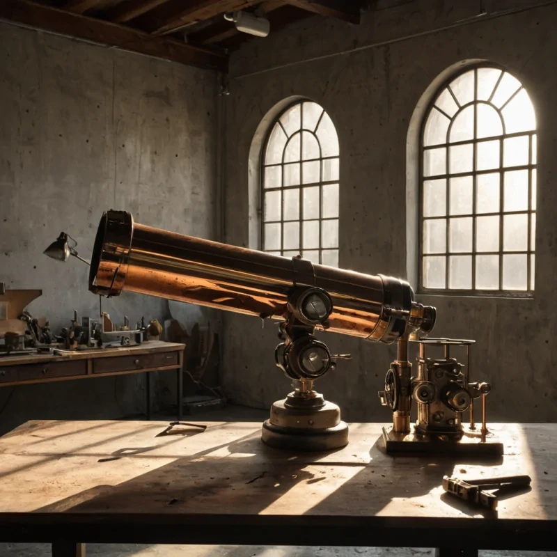 A hyperrealistic, eyelevel medium shot of a quiet, minimalist workshop interior with walls made of raw, textured concrete in varying shades of warm beige. The central focus is a long, polished slab of dark walnut wood serving as a workbench, upon which rests a single, intricate mechanical object resembling a hybrid between a brass telescope and a vintage radio, crafted from oxidized copper, polished steel, and translucent amber lenses. The object is disassembled into three main components, arranged with precise, surgical order, surrounded by scattered, tiny tools made of chrome and glass. Soft, directional morning light streams through a large, arched window on the right, casting long, sharp shadows across the wooden surface and highlighting the fine grain of the wood and