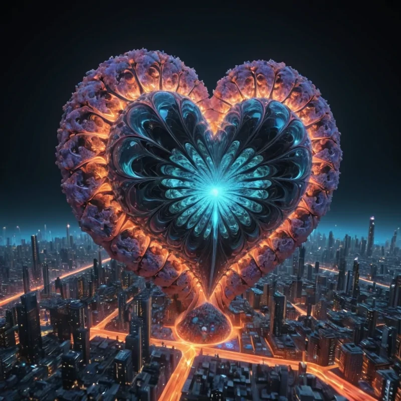 Photorealistic, colossal, levitating, fractal, opalescent, coral metropolis, its 4K, ultra HD, gemstone structures unfurling zero gravity, aerodynamic ecosystems. Volumetric lighting from unseen, pulsating, bioluminescent hearts etches the citys ethereal, geometric architecture, casting intricate, dynamic, neon shadows on the inverted, reflective void. Cinematic lighting bathes the scene in vibrant, otherworldly hues, with lens flare emphasizing the citys central, radiant, throbbing, opalescent heart, pulsating with captive, alien, aerothermal energy. Photorealistic, fractal, gemstone structures unfurl ultra HD, zero gravity, aerodynamic