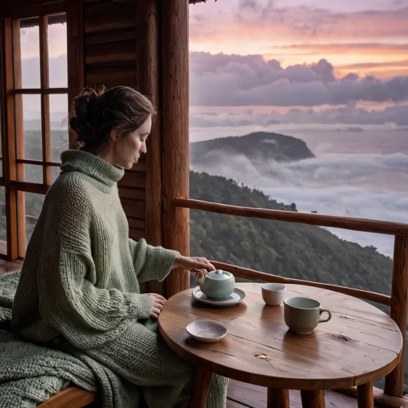 A vertical, eyelevel closeup shot of a serene, highaltitude tea house perched on a precarious ledge of jagged, rustcolored sandstone, overlooking a sea of rolling, purpletinged clouds at dawn. The structure is crafted from warm, honeytoned cedar wood and expansive sheets of frosted, textured glass that diffuse the soft, golden morning light. Inside, a minimalist interior features a low, polished walnut table where a single, intricate ceramic tea set sits, emitting delicate tendrils of white steam that curl and twist in the still air. In the foreground, a figure wearing a cozy, oversized knitted sweater in muted sage green and loose, wideleg linen trousers sits crosslegged, holding a delicate porcelain cup with both