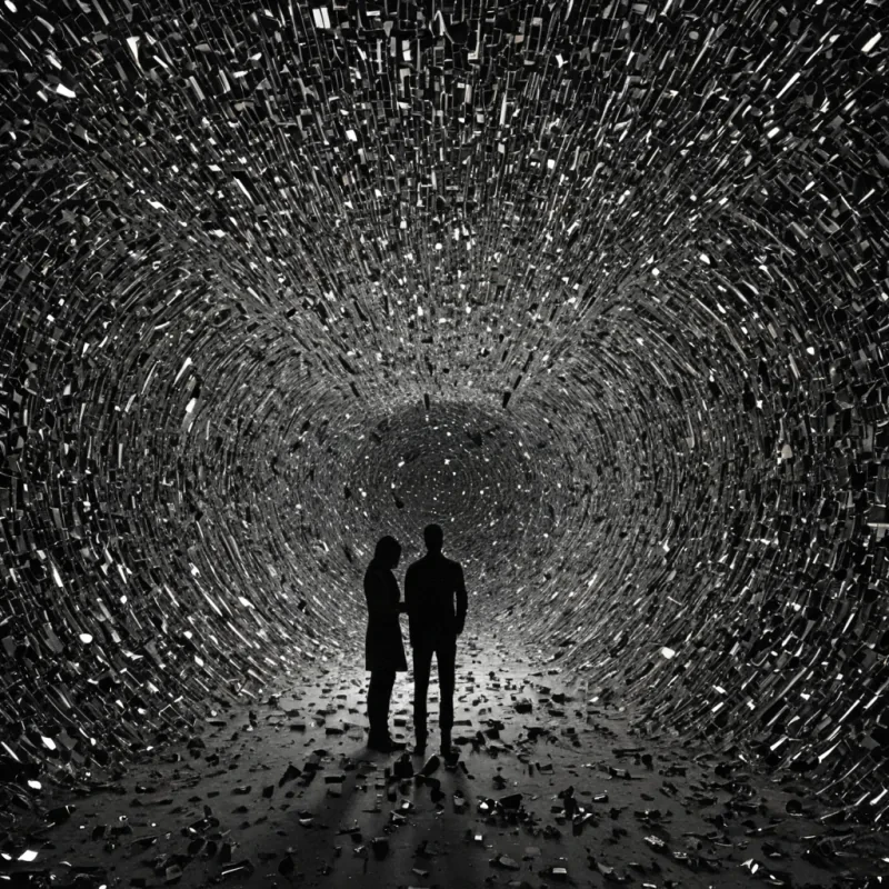 A colossal, selfassembling mosaic of fragmented mirrors floats in the zerogravity void of a dormant satellite graveyard, each shard not reflecting light but refracting the emotional residue of every unshared secret ever whispered into the silence between two people who never met. The mirrors do not form a coherent imagethey form a nonimage, a chaotic constellation of reversed reflections where every surface shows the back of a head, the underside of a hand, or the shadowed corner of a room that never existed. The shards are not glassthey are made of solidified breath, frozen at the exact moment of hesitation before a confession, each one vibrating with a subsonic hum that resonates with the weight of things left unsaid. The satellite graveyard itself is