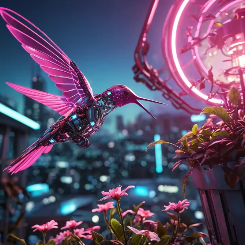 A lone, mechanical hummingbird hovers above a neonlit, futuristic rooftop garden filled with glowing, luminescent flora, hyperrealistic, 8K, cinematic lighting, volumetric lighting, atmospheric effects, dynamic lighting, bokeh effect, soft focus, lens flare, neon pinks, electric blues, and radiant whites, detailed textures.