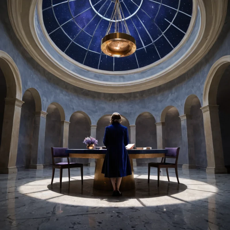 A hyperrealistic, lowangle medium shot of a quiet, circular atrium constructed from smooth, pale basalt, where the ceiling is a vast, transparent dome looking up into a starfilled sky of deep indigo. The room is filled with suspended, geometric chandeliers made of interlocking brass rings that rotate slowly, casting intricate, shifting shadows on the polished floor. In the center, a solitary figure wearing a tailored, midnightblue velvet coat with high, stiff lapels sits at a low, round table made of dark oak, carefully arranging a bouquet of dried lavender and dried orange slices that refract light like prisms. The table holds a steaming ceramic cup and an open book with pages made of thin, flexible copper sheets.