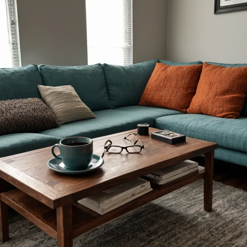 A wideangle, eyelevel shot of a quiet, midsized residential living room in a style of hyperrealistic domestic realism. The scene is dominated by a large, rectangular sectional sofa upholstered in a coarse, burntorange wool fabric that shows signs of heavy wear and pilling. A single, oversized, irregularly shaped cushion in a dusty teal linen rests askew on the armrest. To the left, a low, rectangular coffee table made of dark, unvarnished walnut wood holds a ceramic mug filled with steaming black coffee, the steam rising in distinct, wispy curls that are sharply defined against the dim light. A pair of wirerimmed reading glasses lies on the table next to a stack of three thick, paperback