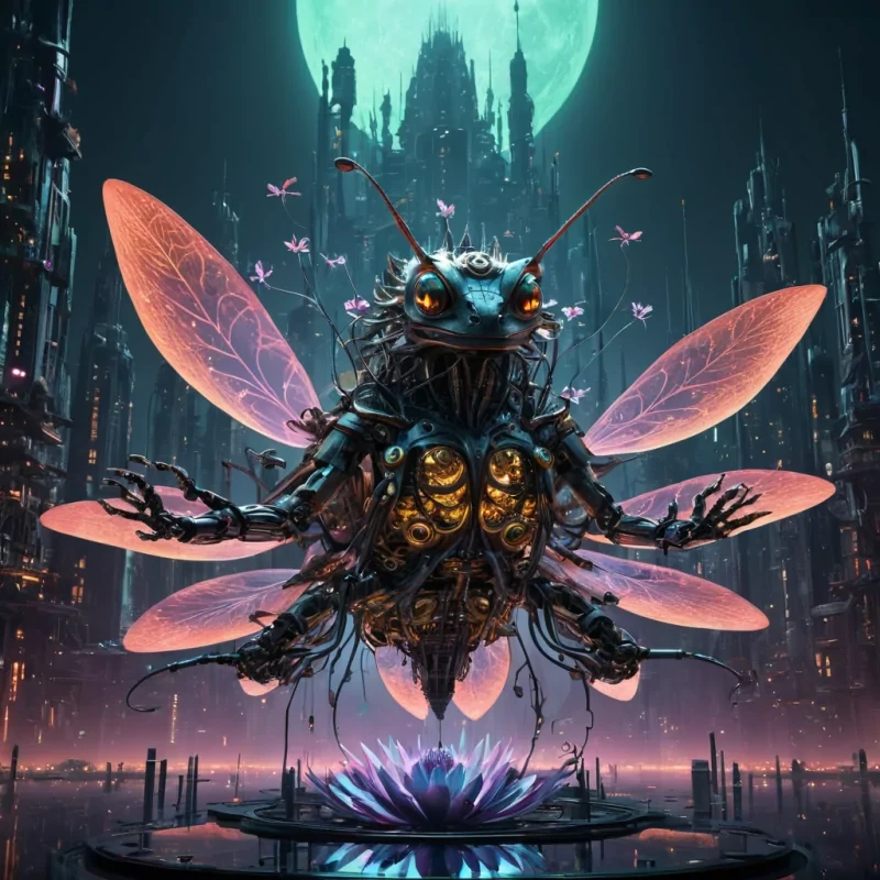 A colossal, ancient, mechanical lotus, its metallic petals unfurling to reveal a labyrinthine, neonlit city within, blooms from the heart of a vast, undulating, obsidian plain. Suspended within the lotus stamen, a holographic, sentient, mechanical swarm of dragonflies dances, casting ephemeral shadows on the citys inhabitants sentient, robotic, reptilian creatures. Rendered in ultra HD, with volumetric lighting, atmospheric effects, and vibrant colors, evoking a sense of surreal, otherworldly wonder.