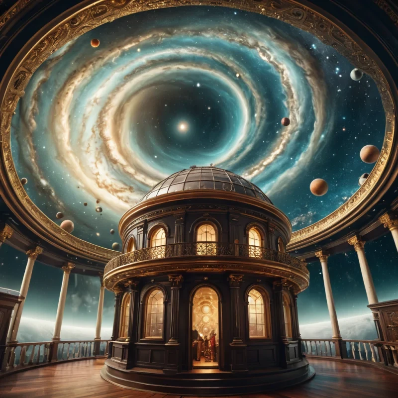 A floating, ancient observatory suspended over a vast, swirling vortex, where astronomers in ornate, Victorian attire observe celestial phenomena through intricate brass telescopes, hyperrealistic, ultra HD, cinematic lighting, volumetric lighting, atmospheric effects, dynamic lighting, bokeh effect, soft focus, lens flare, vibrant colors, detailed textures.