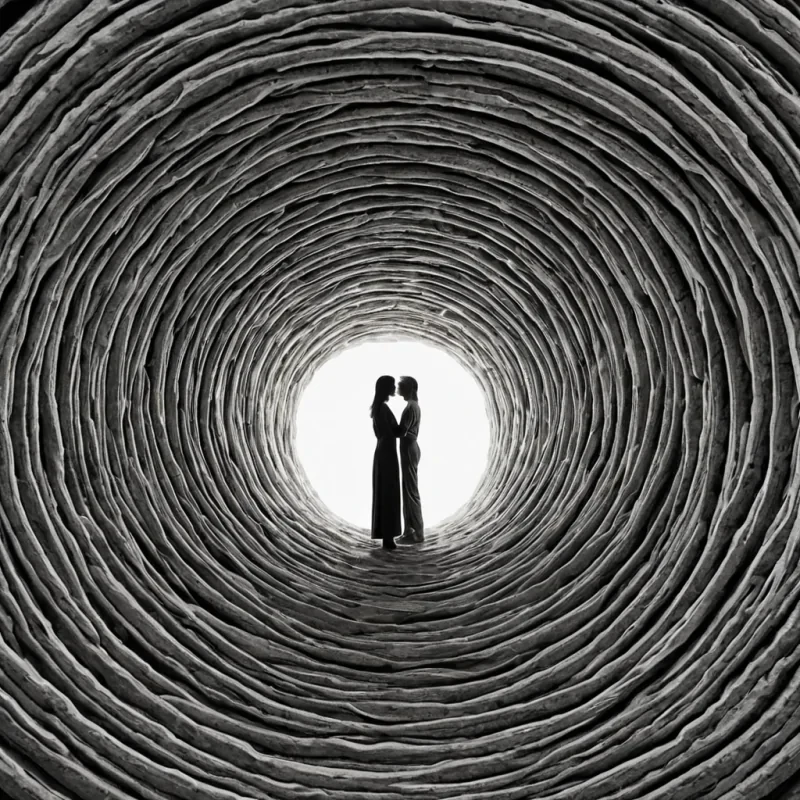 A single, selferoding thread of solidified breath, shaped like a 5dimensional Mbius loop of inverted stillness and unformed presence, drifts through the center of a vast, inverted archive composed of the petrified whispers of a civilization that measured truth not by words, but by the duration of synchronized, silent gazes held just before the first eye was ever allowed to blink in mutual recognition. The thread does not unravelit unsees, each twist shedding a layer of perceptual potential that never coalesced into a shared glance, reforming into ephemeral, opalveined afterimages shaped like the negative space between two pupils that never dilated in unison during the same moment of mutual clarity.