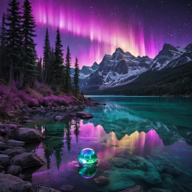An enchanting, otherworldly landscape illuminated by a glowing aurora in shades of violet, teal, and gold, cascading across a starstudded sky. In the foreground, a shimmering crystal lake reflects the vibrant colors, surrounded by ethereal trees with luminous leaves. A mystical energy radiates from a floating orb at the center, emanating soft golden light that intertwines with the aurora above. The scene is surreal, inviting viewers into a dreamlike realm of creativity and limitless possibilities