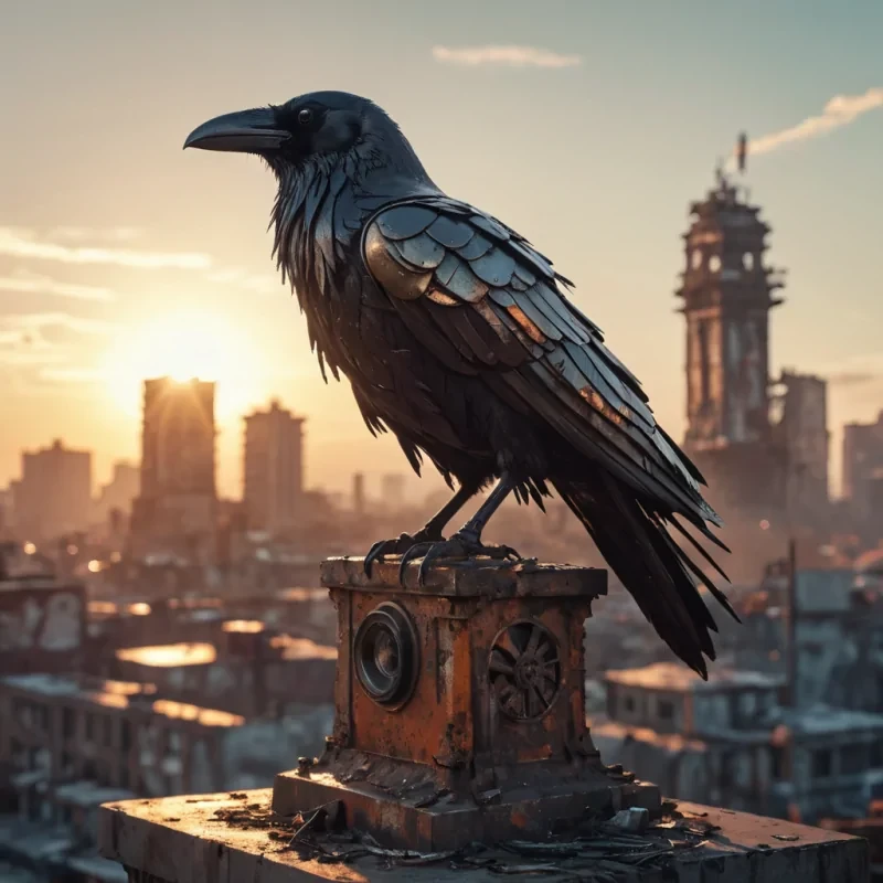 A solitary, mechanical raven perched on a crumbling statue in a postapocalyptic cityscape, its metallic feathers rusted, reflecting the dying light of a dual sunset, hyperrealistic, ultra HD, cinematic lighting, atmospheric effects, dynamic lighting, bokeh effect, lens flare, pastel tones, detailed textures.