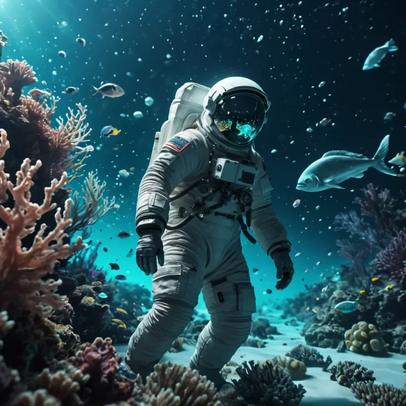 A lone astronaut drifts through a crystalclear ocean, surrounded by bioluminescent marine life, hyperrealistic, 8K, cinematic lighting, volumetric lighting, atmospheric effects, dynamic lighting, bokeh effect, soft focus, lens flare, neon colors, detailed textures.