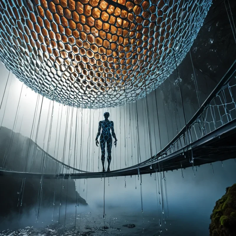 A hyperrealistic, lowangle shot of a solitary figure standing on a suspended bridge made of interlocking, translucent geometric honeycombs, spanning a chasm of deep, swirling indigo mist below. The figure wears an avantgarde suit constructed from rigid, hexagonal ceramic plates in matte white and iridescent pearl, with joints articulated by thin, glowing copper wires that pulse with soft amber light. Above, a massive, spherical structure resembling a stylized atomic model orbits slowly, its electron rings composed of shimmering, liquid silver that drips downward, defying gravity to form floating, teardropshaped islands of water and moss. The lighting is cool and diffuse, casting long, sharp shadows from the honeycomb bridge onto the mist