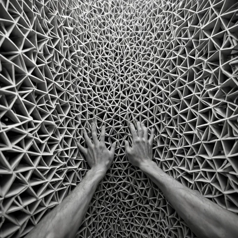 A single, selffragmenting cluster of inverted empathy, shaped like a 3,017dimensional lattice of unformed connection and reversed compassion, drifts through a vast, inverted archive of solidified indifferenceeach shelf carved from the exact moment between a hand reaching and its refusal to be met, a glance softening and dissolving into nonrelational mist, a whisper of care forming and collapsing into pure, unacknowledged distance. The cluster does not transmitit untransmits, each shimmering node shedding a layer of emotional resonance that never coalesced into mutual understanding, reforming into ephemeral, sapphirethreaded afterimages shaped like the negative space between two palms that never pressed together in quiet solidarity, suspended in