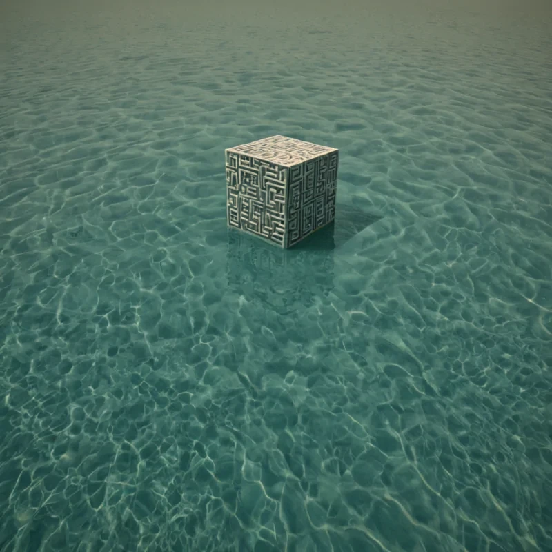 A single, selfrewriting glyph of condensed thought, shaped like a rotating, nonreflective cube of suspended cognition, hovers at the center of a vast, inverted lagoon made of the compressed, unspoken questions of a civilization that communicated through the duration of synchronized, silent pondering of the same unasked query. The glyph does not transmitit unthinks, each face flipping to dissolve a layer of inquiry that never coalesced into a shared understanding, reforming into ephemeral, jadethreaded afterimages shaped like the negative space between two brows that never furrowed in unison during the same moment of mutual uncertainty. The lagoon is not aquaticit is a stratified expanse of petrified curiosity