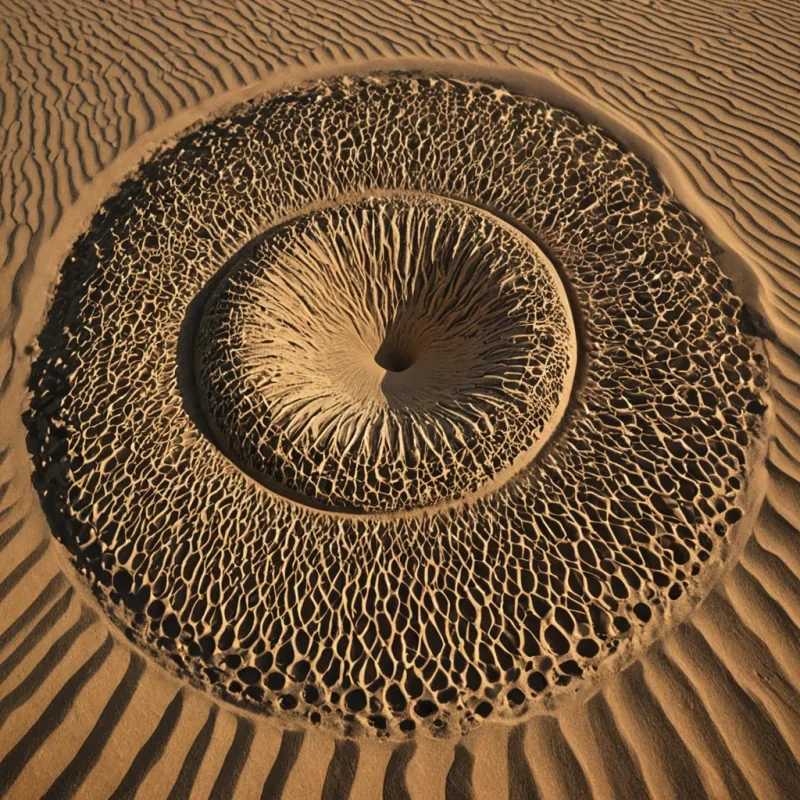 A single, selfresonating filament of compressed silence, shaped like a 7dimensional toroidal lattice of unformed sound and reversed vibration, pulses at the center of a vast, inverted desert of solidified windeach dune sculpted from the petrified breath of a civilization that measured time not by clocks, but by the duration of synchronized, breathless stillness held just before the first gust was ever permitted to stir in a world where movement was forbidden. The filament does not vibrateit unbreathes, each refractive ripple shedding a layer of kinetic potential that never coalesced into a shared motion, reforming into ephemeral, obsidianthreaded afterimages shaped like the negative space between two feet that never left