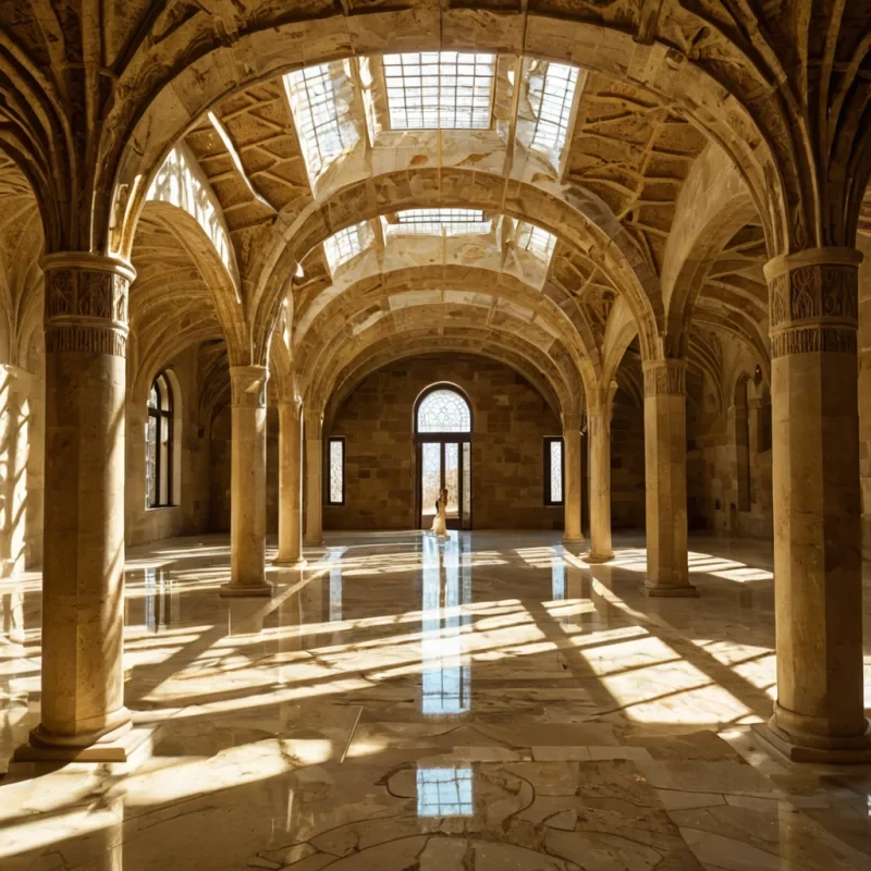 A horizontal, eyelevel wide shot of a vast, sunlit interior hall constructed from seamless, warmtoned sandstone, where the ceiling is composed of massive, interlocking wooden beams carved with intricate, labyrinthine patterns. Suspended from the center of the vaulted ceiling is a colossal, intricate mobile made entirely of polished, translucent citrine crystals and delicate, goldwire filigree, slowly rotating to cast dancing, geometric shadows across the floor. The floor is paved with large, irregular slabs of smooth, pale travertine marble, interspersed with shallow, rectangular channels of clear water that ripple gently, reflecting the amberhued sunlight streaming through high, narrow clerestory windows. In the foreground, a solitary figure sits