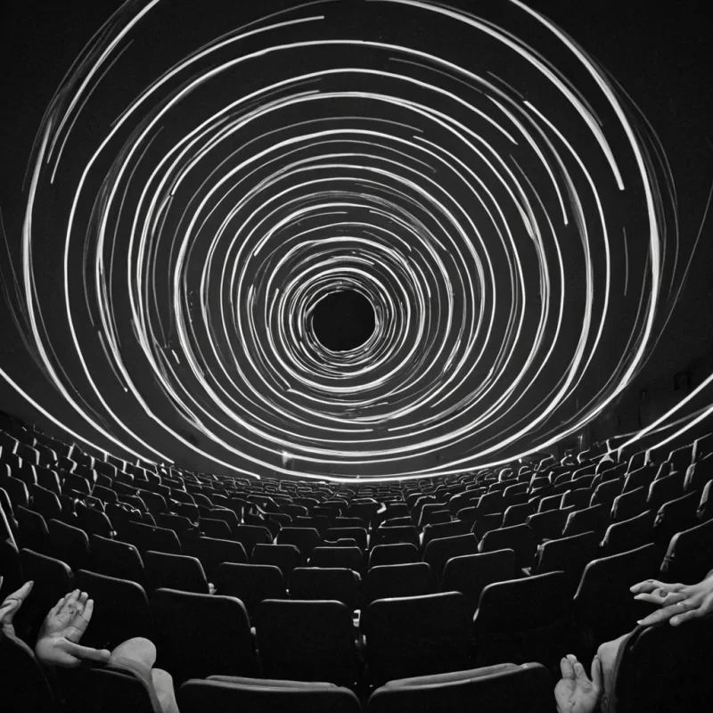 A single, selfsustaining vortex of reversed laughter, shaped like a 4,097dimensional spiral of unformed mirth and inverted joy, churns at the center of a vast, inverted theater of solidified silence  each seat carved from the exact moment between a smile breaking across lips and its refusal to echo, a hand clapping and dissolving into nonaudible stillness, a joke whispered into the dark and collapsing into pure, unmeasured nonhilarity. The vortex does not amplify sound  it unamplifies it, each spiraling filament shedding a layer of emotional resonance that never coalesced into shared amusement, reforming into ephemeral, rosequartzthreaded afterimages shaped like the negative