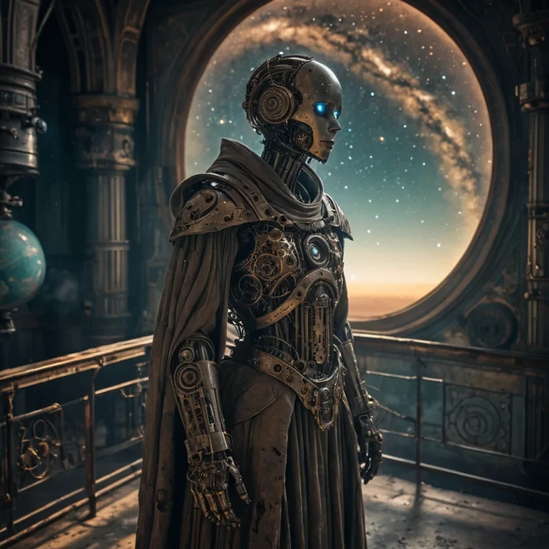 A hyperrealistic, 4K portrait of a melancholic, sentient automaton, its metallic body adorned with intricate, tarnished filigree, standing alone in a vast, abandoned observatory, surrounded by towering, ancient telescopes and faded, celestial charts, with cinematic lighting casting dramatic shadows and emphasizing the intricate, steampunkinspired design, and a subtle, cool bokeh effect creating a sense of isolation and longing, as a lone, spectral comet streaks across the night sky, its glowing tail leaving a trail of stardust in its wake, while a spectral, ethereal figure, cloaked in a tattered, hooded robe, stands silently at the edge of the