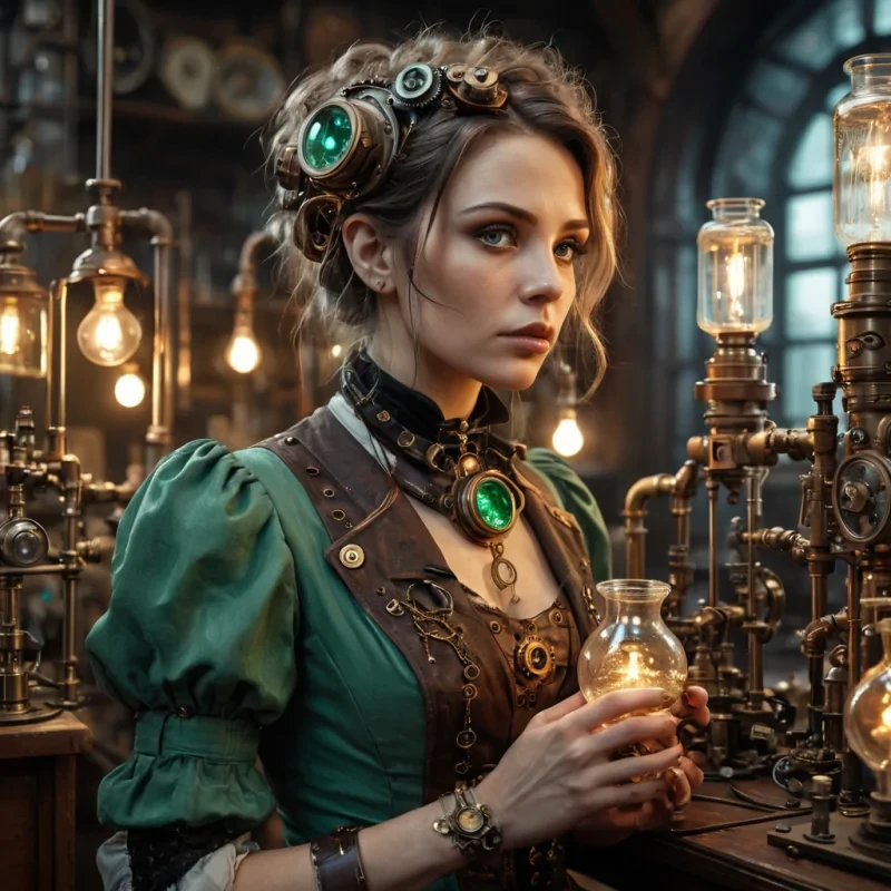 A hyperrealistic, 4K, ultra HD portrait of a steampunk alchemist, her skin weathered and lined from a lifetime of experimentation. The alchemists eyes, a deep, enigmatic emerald, hold the secrets of transmutation and the alchemy of the soul. Her hair, a cascade of shimmering, brass gears and cogs, gently pulses with each beat of her mechanical heart. The background is a surreal, Victorian laboratory filled with bubbling beakers, hissing steam pipes, and the soft glow of gas lamps. Cinematic lighting accentuates the alchemists otherworldly beauty, while a subtle bokeh effect blurs the intricate details of the laboratory, creating an intimate, focused atmosphere.
