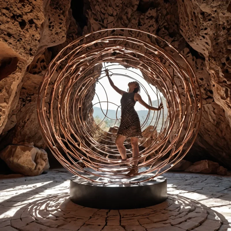 A horizontal, eyelevel wide shot of a kinetic sculpture garden suspended within a colossal, hollowedout geode cavern, where the walls are lined with jagged, iridescent amethyst crystals that refract a steady beam of sunlight from a single aperture above. The center of the cavern features a massive, intricate mobile constructed from interlocking rings of polished rose gold, matte charcoal steel, and translucent smoked glass, all rotating at different speeds and axes to create complex, shifting geometric shadows on the crystalline floor. In the foreground, a sculptor with skin resembling warm, terracotta clay and wearing a loose, sleeveless tunic of woven hemp fabric stands on a low, circular pedestal of smooth river stone. They are using a long,