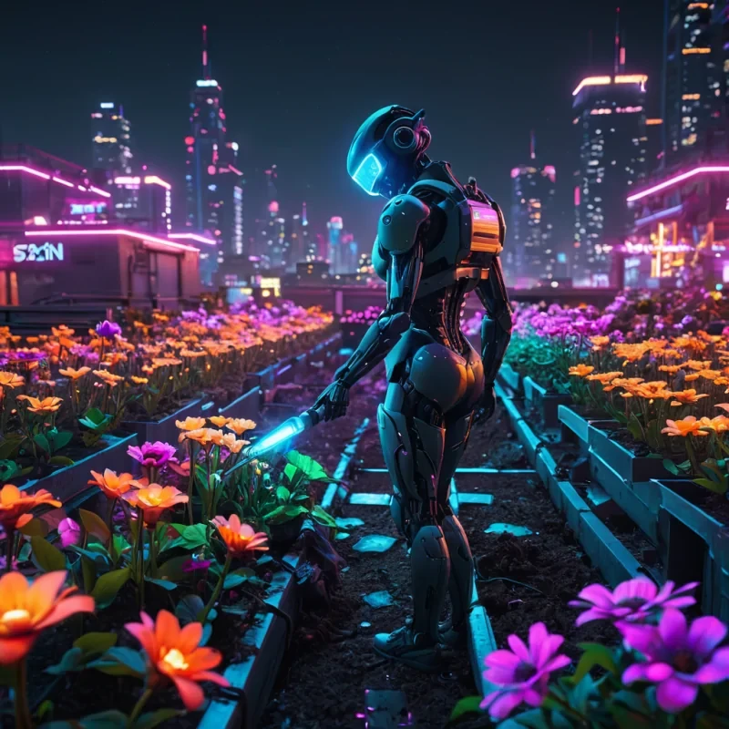 A lone, cybernetic gardener cultivating a field of glowing, neon flowers on a rooftop garden in a neonlit cyberpunk city at night, hyperrealistic, ultra HD, cinematic lighting, dynamic lighting, lens flare, vibrant colors, detailed textures.