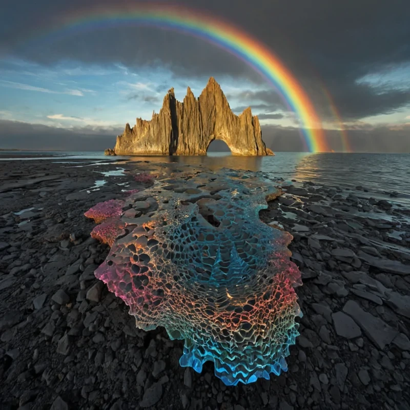 A single, selferoding ribbon of crystallized twilight weaves through the core of a floating, inverted archipelago of petrified rainbows, its structure not rock or coral but forged from the chromatic residue of a thousand unshattered prisms that never refracted light in a world that never saw the sky. The ribbon does not decayit unrefracts, each pulse dissolving a spectrum into its original darkness, releasing a wave of negative luminosity that fractures the fabric of color into a drifting mist of fractal, geometric shadows, each one etched with the thermal echo of a tear that never fell on a shore that never dried. The archipelagos islands are not landmassesthey are suspended moments of