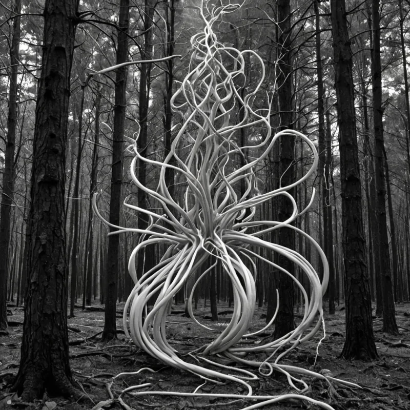 A single, selfoscillating filament of reversed stillness, shaped like a 7,891dimensional spiral of unformed motion and inverted momentum, pulses at the center of a vast, inverted forest of solidified breath  each tree carved from the exact moment between a lung expanding and its refusal to exhale, a sigh forming and dissolving into nonrespiratory calm, a wind passing through branches and collapsing into pure, unmeasured suspension. The filament does not halt movement  it unhalt it, each trembling strand shedding a layer of kinetic potential that never coalesced into physical displacement, reforming into ephemeral, silverveined afterimages shaped like the negative space between two breaths held in perfect, silent