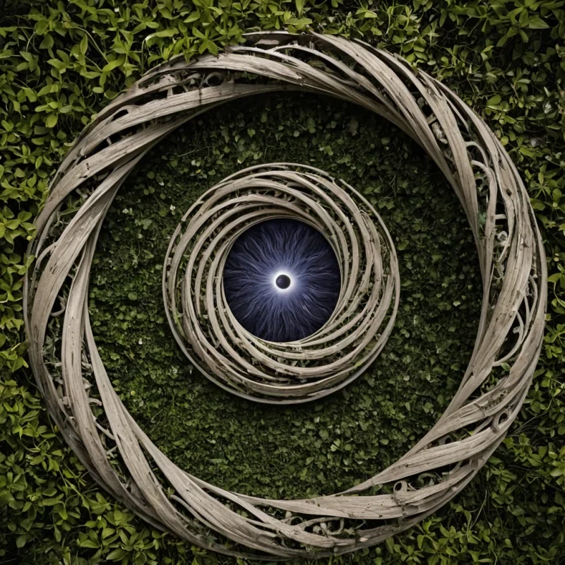 A single, selfoscillating knot of woven silence, shaped like a threedimensional Mbius strip of unformed gravity and reversed chronology, floats at the center of a vast, inverted clockwork garden composed of the petrified moments of a civilization that communicated through the duration of synchronized, silent blinking at the same unblinking star. The knot does not rotateit unblinks, each twist dissolving a layer of perception that never coalesced into a shared gaze, reforming into ephemeral, amethystthreaded afterimages shaped like the negative space between two eyelids that never parted in unison during the same moment of mutual stillness. The garden is not botanicalit is a stratified expanse of petr