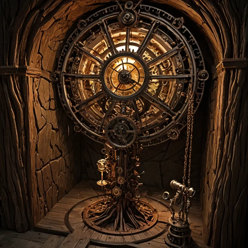 A highangle, isometric cutaway view of a colossal, subterranean clockwork mechanism embedded within the roots of a massive, petrified redwood tree, where the organic wood grain has seamlessly fused with intricate brass gears, copper pistons, and silver cogs of varying sizes. The interior is illuminated by warm, flickering gas lamps housed in ornate iron fixtures, casting long, dramatic shadows across the dusty, earthtoned surfaces. Suspended in the center is a delicate, humanoid figure made entirely of stained glass and thin gold wire, appearing to repair a fractured gear with a tool made of polished obsidian. The scene is rendered in hyperrealistic detail, highlighting the texture of aged metal, the translucency of the glass