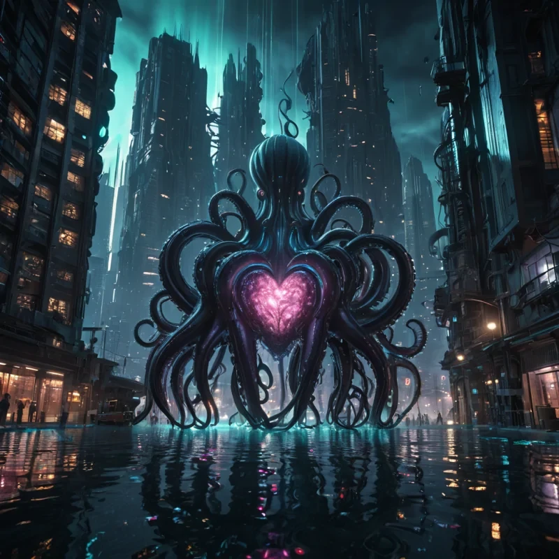Photorealistic, gargantuan, obsidian, krakens tentacle metropolis, its hyperrealistic, 4K, sinewy structures revealing ultra HD, bioluminescent, cybernetic ecosystems within. Volumetric lighting from unseen, pulsating, cybernetic hearts etches the metropolis ethereal, writhing architecture, casting intricate, dynamic, bioluminescent shadows on the inverted, reflective void. Cinematic lighting bathes the scene in vibrant, otherworldly hues, with lens flare emphasizing the metropolis central, radiant, throbbing, obsidian heart, pulsating with captive, artificial, cybernetic energy.