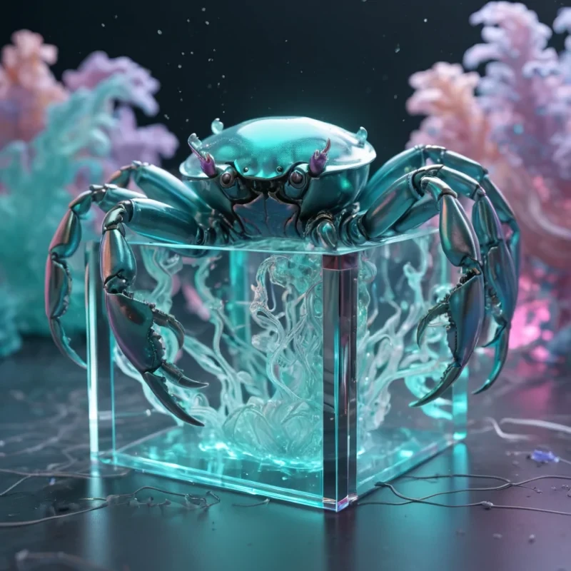Hyperrealistic neon crabs with reflective metallic claws scuttling in a cubic aquamarine chamber filled with swirling quantum mist, holographic tendrils weaving in volumetric lighting, soft focus, pastel tones, 4K