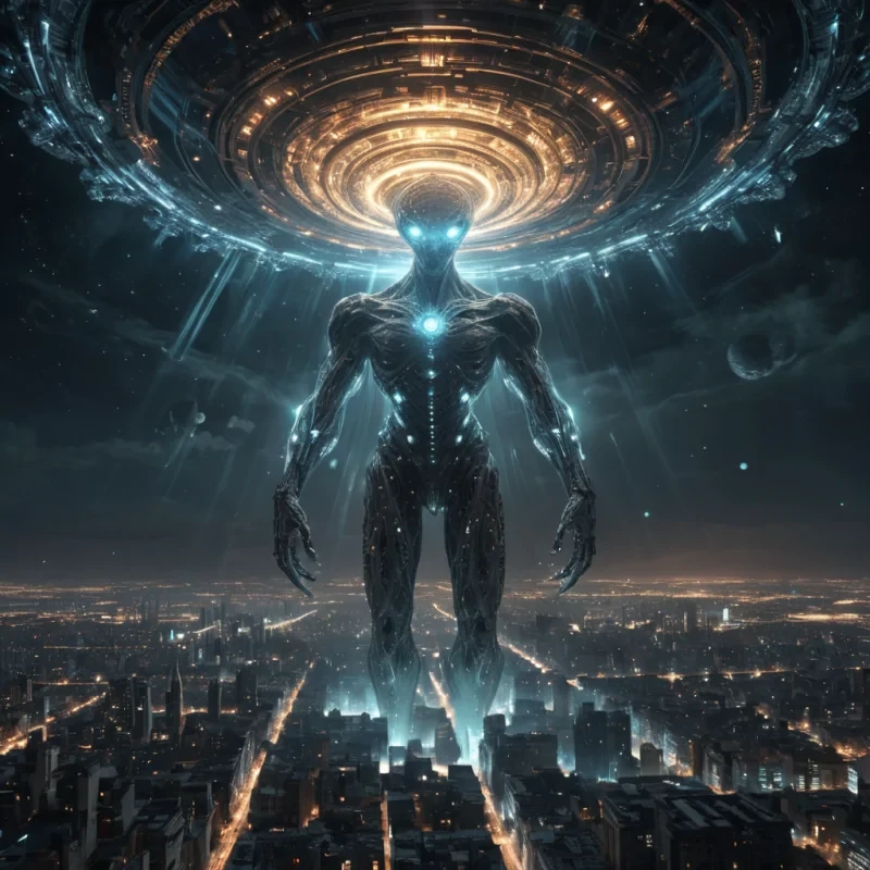 Photorealistic, Ultra HD, colossal, ancient, cinematic, levitating, crystalline colossus, its detailed, fractal surface adorned with intricate, 4K, neonlit filigree, hovers silently over a desolate, alien, neonlit metropolis. The colossus massive, volumetric, antigravity engines cast intricate, atmospheric shadows across the urban landscape, while its powerful, cinematic searchlights, crafted from swirling, neonlit vortexes, illuminate the distant, swirling galaxies, creating a soft, ethereal bokeh effect that dances with the scenes lens flare, as the rhythmic, atmospheric calls of unseen creatures echo through the thin, atmospheric air.