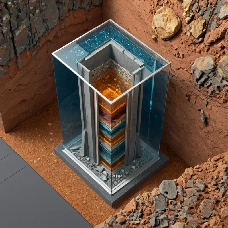 A surreal, isometric cutaway view of a vertical, translucent glass elevator shaft rising through the layers of a stylized, stratified geological core, rendered in the style of a midcentury technical diagram. The shaft is suspended within a crosssection of the earth, displaying distinct bands of vibrant, flatcolored strata a deep, matte maroon topsoil, a layer of speckled ochre clay, a thick band of translucent, honeycolored amber resin containing trapped, geometric air bubbles, and a base of shimmering, metallic silver quartz. Inside the glass elevator car, a minimalist, flatdesign figure in a solid cobalt blue suit stands facing a control panel with simple, circular buttons. The elevator is captured in middescent