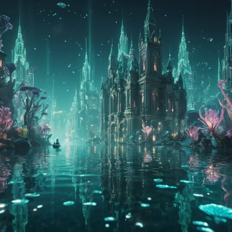A vast, underwater cityscape where bioluminescent flora cast an ethereal glow on the architecture, with merfolk commuting through crystalclear waters, hyperrealistic, 4K, cinematic lighting, volumetric lighting, atmospheric effects, bokeh effect, lens flare, pastel tones, detailed textures.