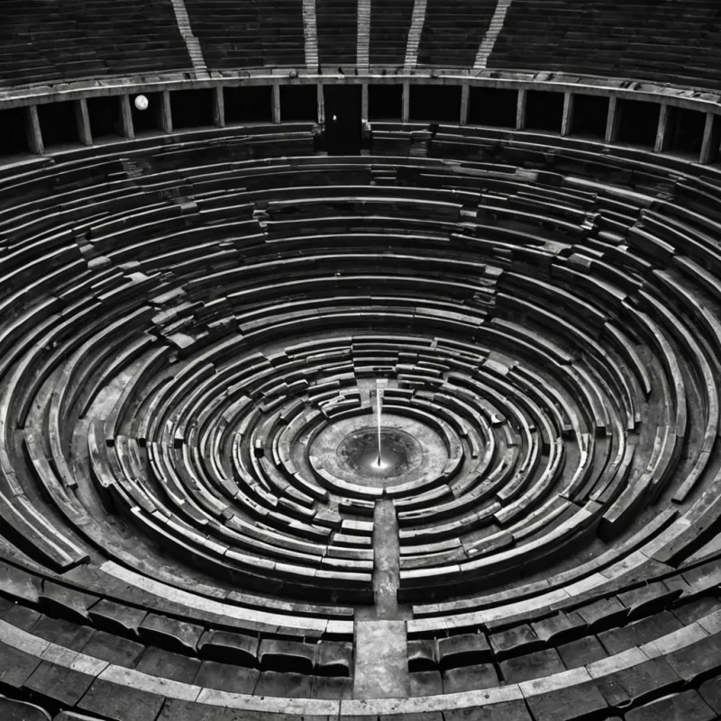 A single, selfreplicating tangle of liquid mercury and solidified moonlight coils in the center of a vast, still amphitheater built entirely of compressed, unplayed symphonies from a civilization that communicated through the resonance of unstruck chimes. The tangle does not flowit pulses, condensing and expanding with the rhythm of a heartbeat that never existed, each droplet shaped like the negative space between two fingers that never brushed a bell, glowing with the faint, ultrasonic afterimage of a note that was almost heard. The amphitheater is not stoneit is a layered expanse of petrified silence, each seat etched with the emotional residue of a concert that never occurred, its surface shimmering