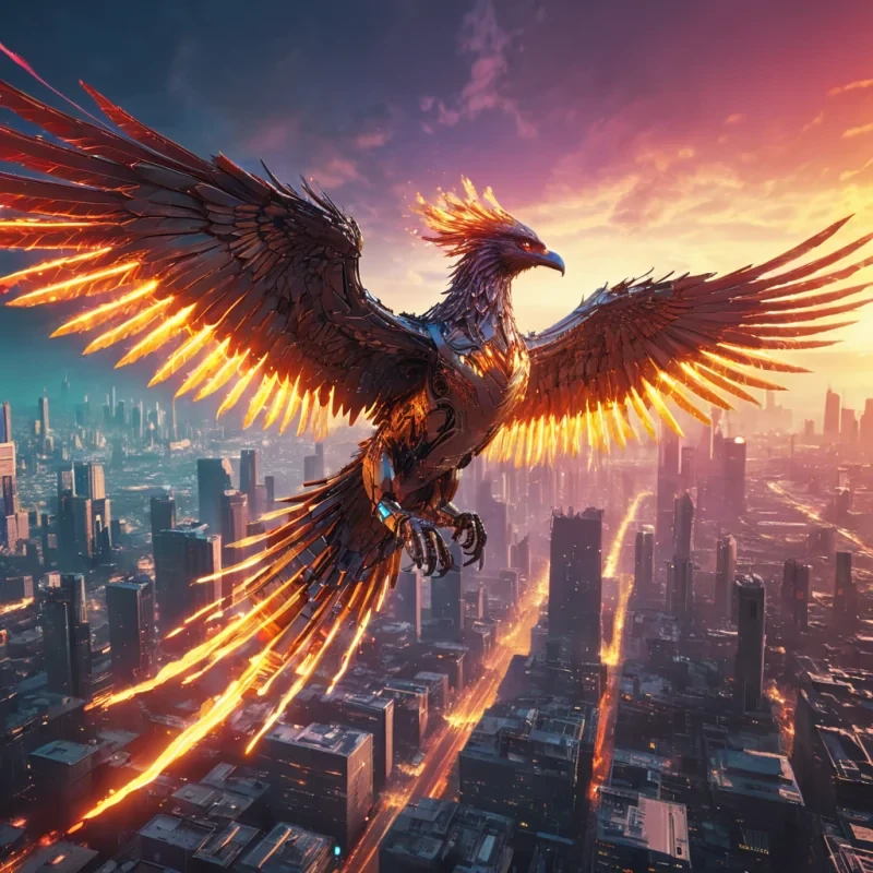 A solitary, mechanical phoenix soaring through a neondrenched cybernetic cityscape, its wings ablaze with digital flames, hyperrealistic, 4K, cinematic lighting, volumetric lighting, atmospheric effects, dynamic lighting, lens flare, vibrant colors, detailed textures.
