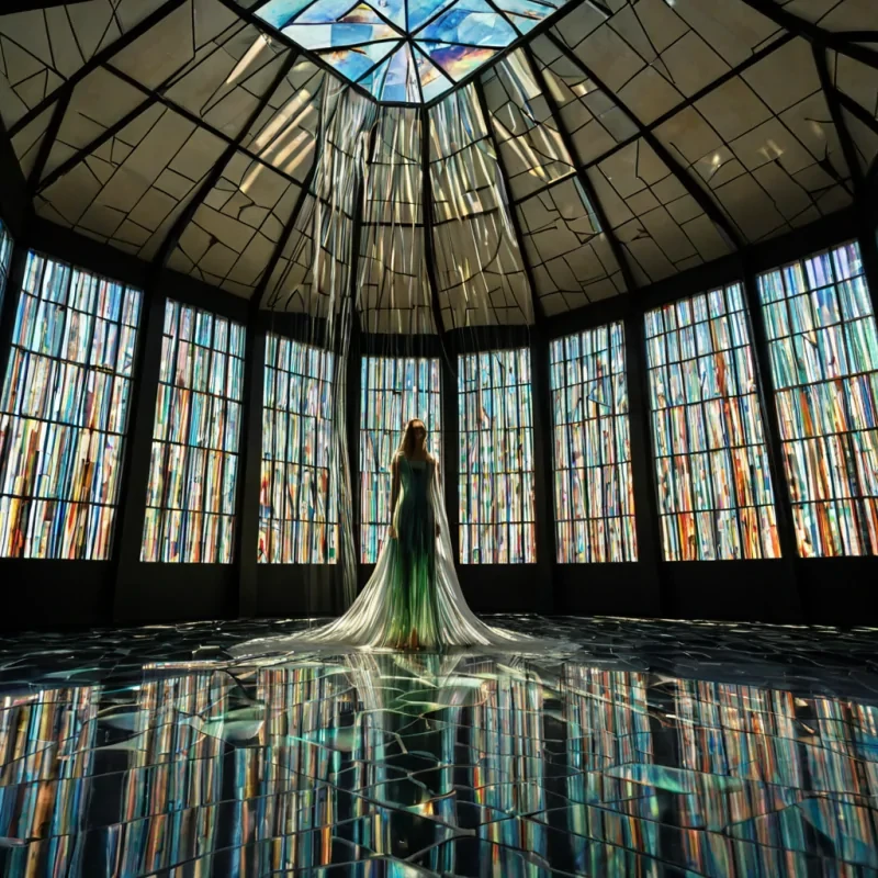 A horizontal, eyelevel medium shot of a vast, sundrenched atrium constructed from seamless, polished alabaster walls and a ceiling composed of thousands of interlocking, triangular stainedglass panes in shades of deep sapphire, burnt orange, and emerald green. Suspended from the apex of the vaulted ceiling is a massive, intricate kinetic sculpture made of thousands of slender, spunglass rods that catch the light and cast intricate, rainbowhued geometric shadows across the floor. The floor is paved with large, hexagonal tiles of matte charcoal slate, interspersed with shallow, rectangular channels of still water that reflect the prismatic light patterns above. In the foreground, a solitary figure wearing a flowing, translucent gown made of