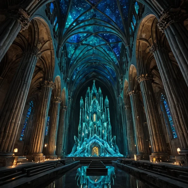 A vertical, lowangle wide shot of a colossal, inverted cathedral suspended beneath the surface of a turbulent, deepsea trench, where the water is thick with swirling bioluminescent plankton that create a starry, underwater night sky effect. The architecture is constructed from translucent, ribbed corallike stone in hues of pale blue and white, with arches that curve upward toward the dark surface far above. Stained glass windows made of layered, colored quartz filter the faint sunlight from above, casting ethereal, multicolored beams that pierce the murky depths. In the center, a massive, glowing altar shaped like a crystalline flower blooms with soft, radiant light, surrounded by rows of floating, translucent pods containing sleeping, humanoid figures