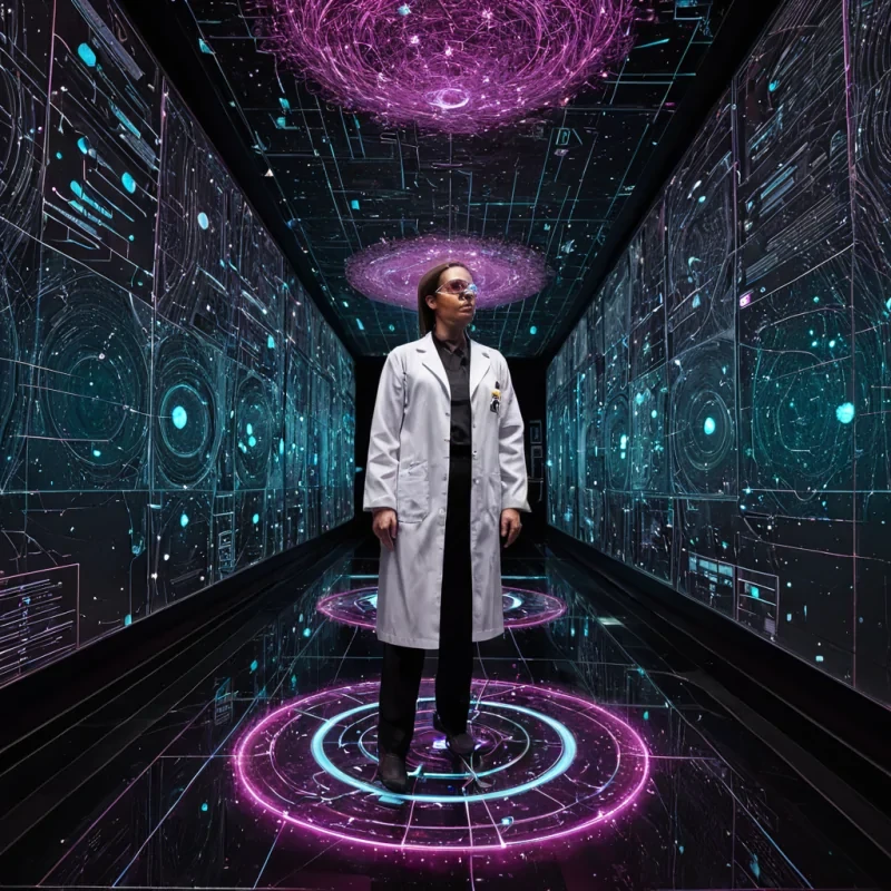 A horizontal, eyelevel wide shot of a vast, subterranean data archive housed within the hollowedout cavity of a colossal, translucent quartz crystal, where the walls are etched with millions of microscopic, glowing circuit lines that pulse with a cool, cyan light. The floor is a seamless expanse of dark, polished basalt, reflecting the intricate network of suspended, holographic orbs that float in midair, each displaying a swirling, threedimensional map of a fictional star system in vibrant shades of magenta and gold. In the center, a figure wearing a sleek, white laboratory coat adorned with intricate, silver embroidery and a pair of augmentedreality glasses with thin, black frames stands before a large, floating console made of brushed aluminum,