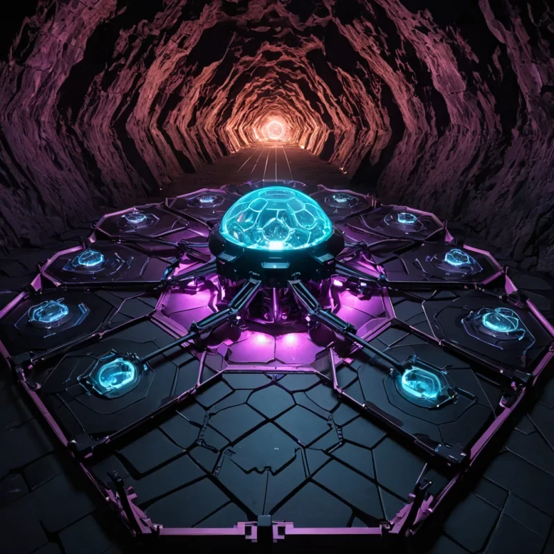A wideangle, isometric cutaway view of a sprawling, subterranean data center housed within a colossal, hollowedout geode cavern, where millions of fiberoptic cables pulse with rhythmic waves of cyan and magenta light like glowing veins. The server racks are arranged in concentric, tiered terraces of brushed bronze and frosted glass, suspended by delicate magnetic tethers that hum with visible energy fields. In the foreground, a sleek, autonomous maintenance drone with a hexagonal body and rotating camera lenses hovers near a cluster of glowing crystal drives, its underbelly casting a sharp, geometric shadow on the polished obsidian floor. The air is thick with a fine mist of ionized particles that scatter the light into