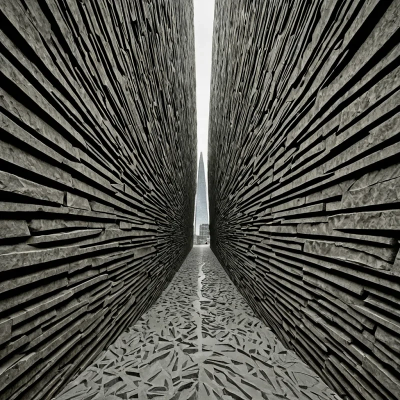 A single, selfreflecting shard of reversed geometry, shaped like a 17dimensional prism of unformed symmetry and inverted perspective, floats at the center of a vast, inverted labyrinth of solidified shadoweach corridor carved from the petrified instant between a glance and its misdirection, a turn and its refusal, a decision to walk straight and the choice to vanish into the wall. The shard does not mirrorit unsees, each fractured facet shedding a layer of optical potential that never coalesced into a shared angle, reforming into ephemeral, onyxthreaded afterimages shaped like the negative space between two mirrors that never faced each other, suspended in the silent, breathless gaze of a world that once knew direction