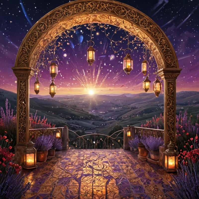 A photorealistic view of a shimmering, celestial marketplace, where vendors sell constellations bottled in glass vials that glow with liquid starlight. The marketplace is nestled on the edge of a gently sloping hill, surrounded by lavender and crimson flowers swaying softly in the breeze. The ground is covered with intricate patterns etched into golden tiles, reflecting the warm, amber light emanating from the lanterns hung from twisting silver vines. In the distance, a rainbow arch materializes, its edges blending seamlessly into the horizon. The sky above is alive with shifting clouds tinged with hues of violet and azure, and a lens flare shimmers near the horizon, adding a sense of magic to the scene. The atmosphere is serene, with a