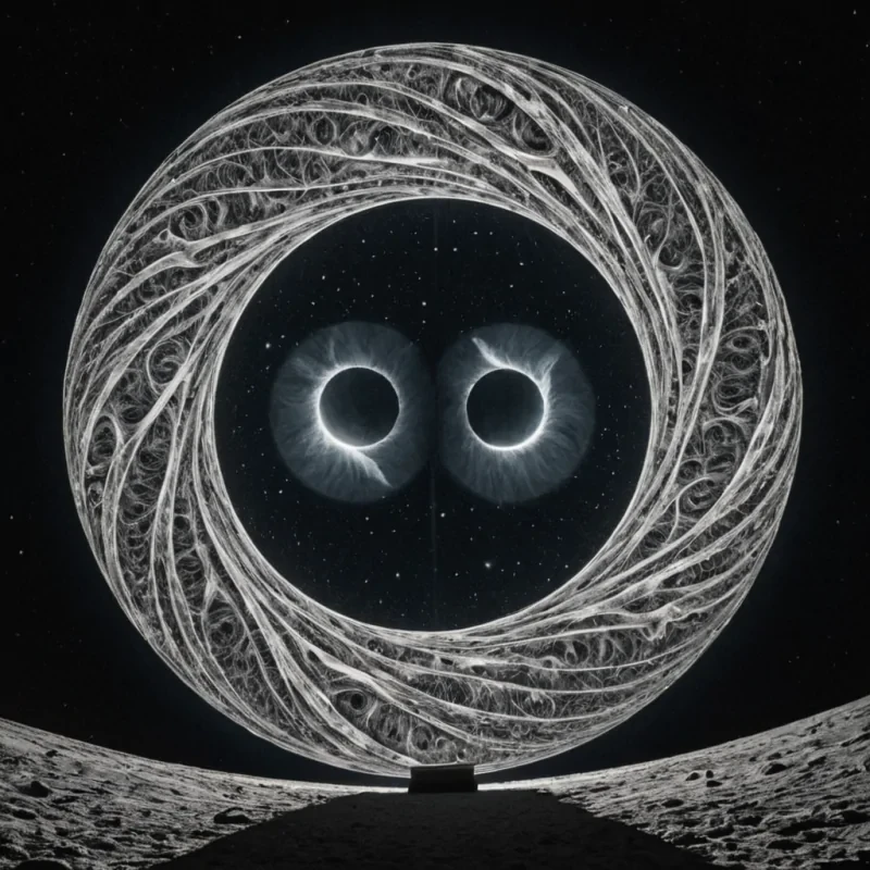 A single, selferoding thread of solidified moonlight, shaped like a fractal, nonreflective tangle of reversed lunar phase, pulses at the center of a vast, inverted observatory suspended in the gravitational limbo between two nonexistent moons. The thread does not illuminateit unglows, each twist dissolving a layer of silver that never coalesced into a visible night, reforming into ephemeral, ashblue afterimages shaped like the negative space between two eyes that never witnessed the same eclipse. The observatory is not astronomicalit is a layered expanse of petrified absence, each dome etched with the photonic residue of a moment that was never seen, its lenses filled with the static of a